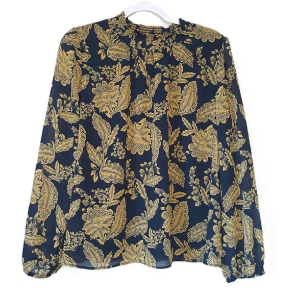 J. Crew Factory Tops - J. Crew Factory Floral Blue Gold Ruffle Neck Long Sleeves Blouse Top XL
